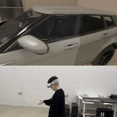가상 자동차의 문에 손을 뻗어 열고 닫는 상호작용